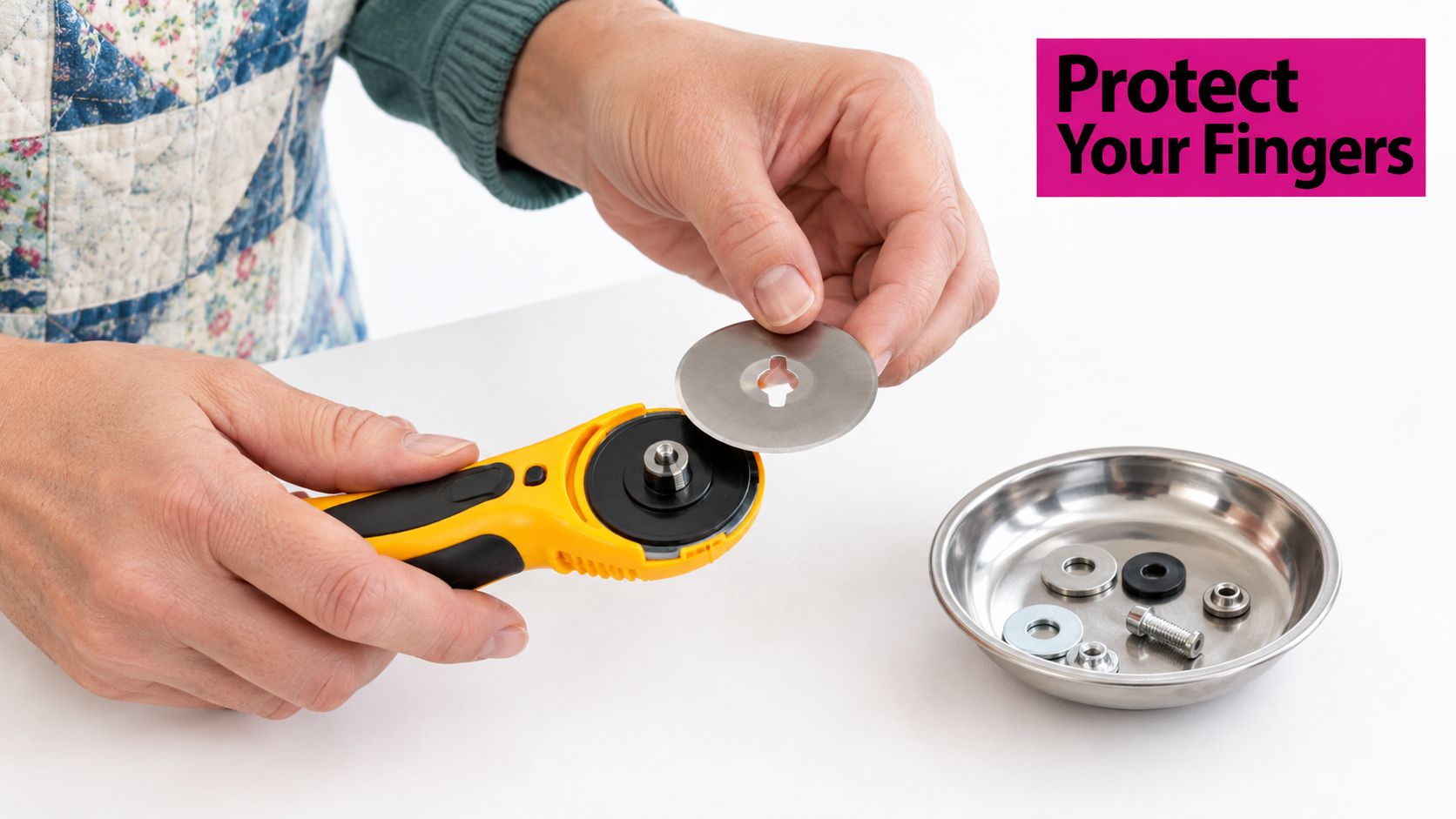 A person changing a sharp circular blade on a yellow handheld rotary fabric cutter.