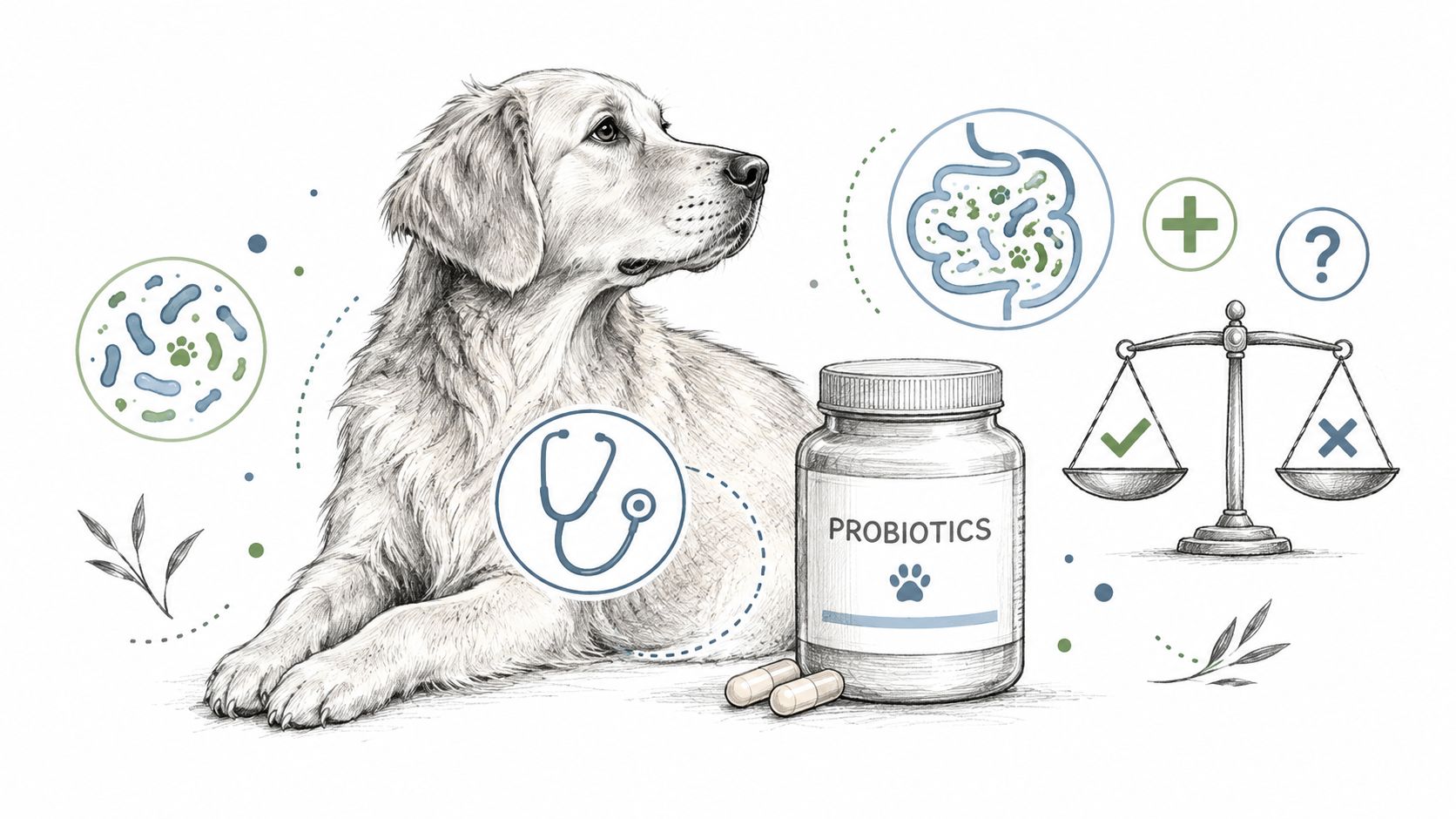 A pencil sketch of a dog sitting next to a bottle of probiotics and a medical scale.
