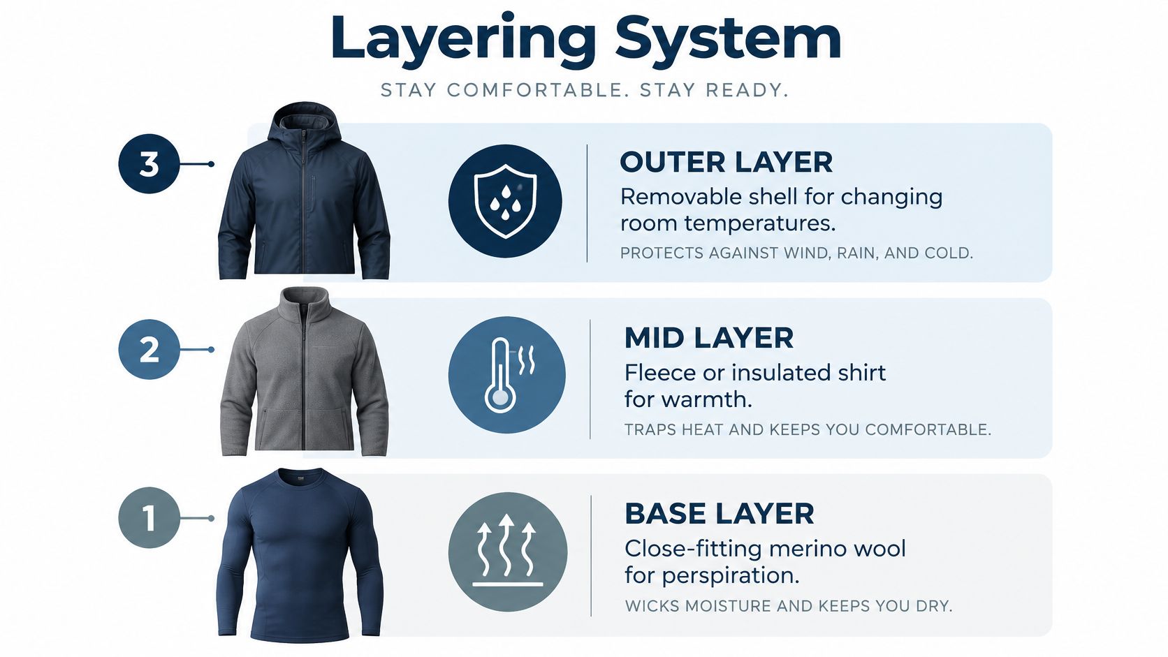 A diagram demonstrating a three-layer clothing system including a base layer, mid layer, and outer layer for warmth.