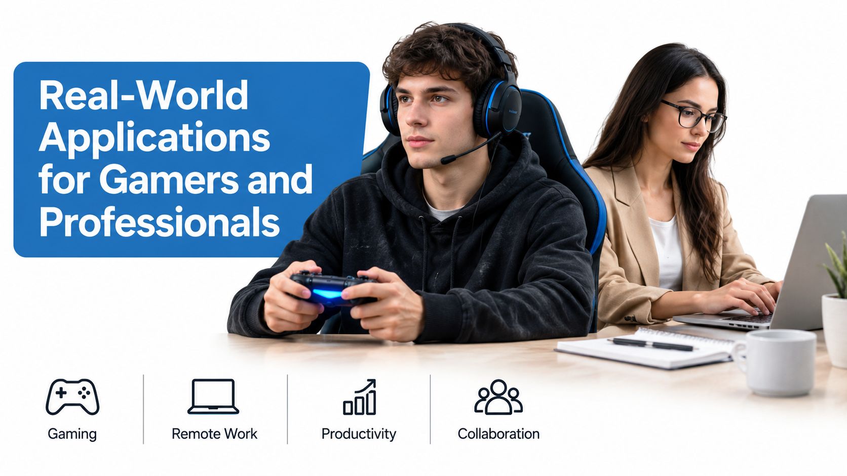 A young man playing video games while a woman works on her laptop, highlighting dual use cases.