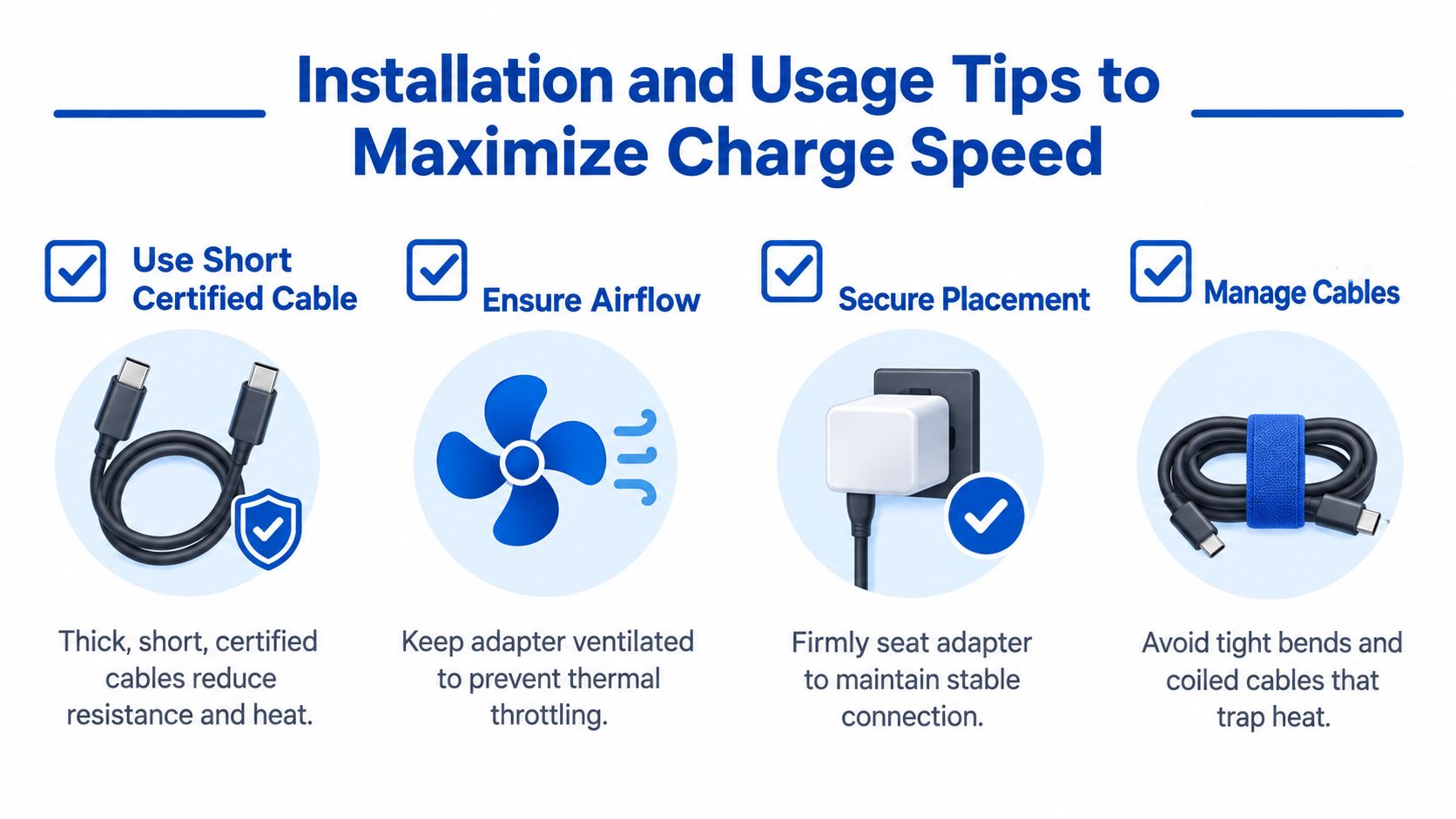 A graphic providing installation and usage tips to maximize charging speed, featuring cable and adapter advice.
