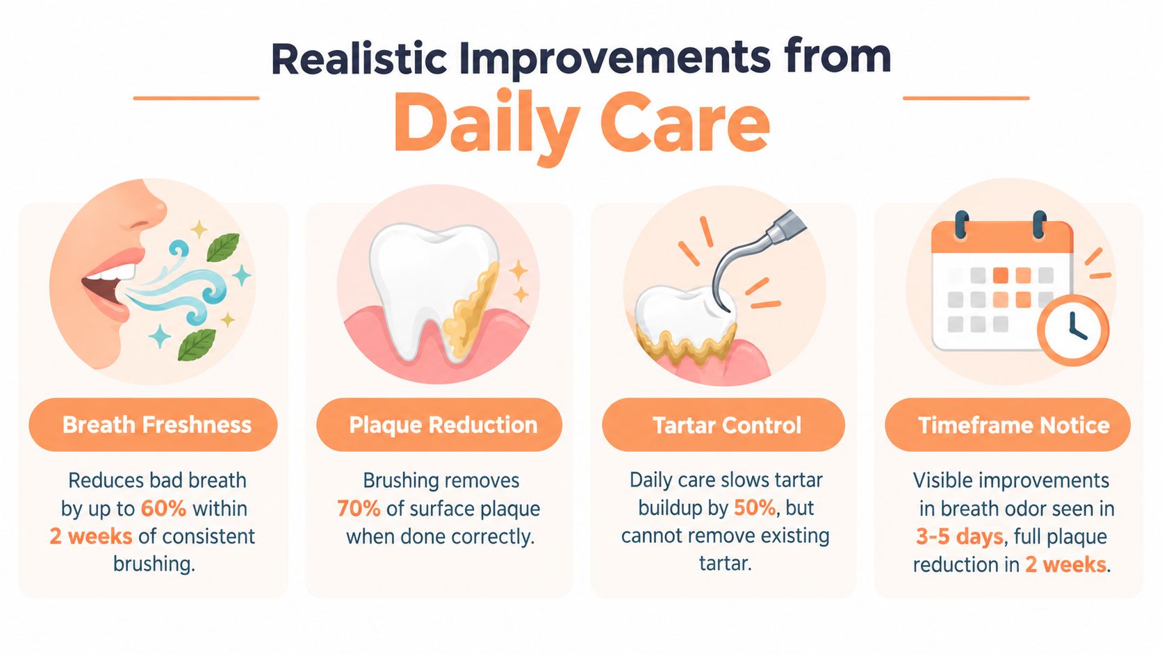 An infographic showing realistic dental improvements from daily care like breath freshness, plaque reduction, and tartar control.