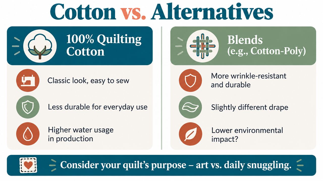 A comparison chart showing the pros and cons of 100% quilting cotton versus fabric blends.