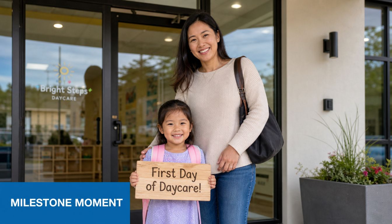 A smiling mother and her young daughter holding a First Day of Daycare sign outside daycare.