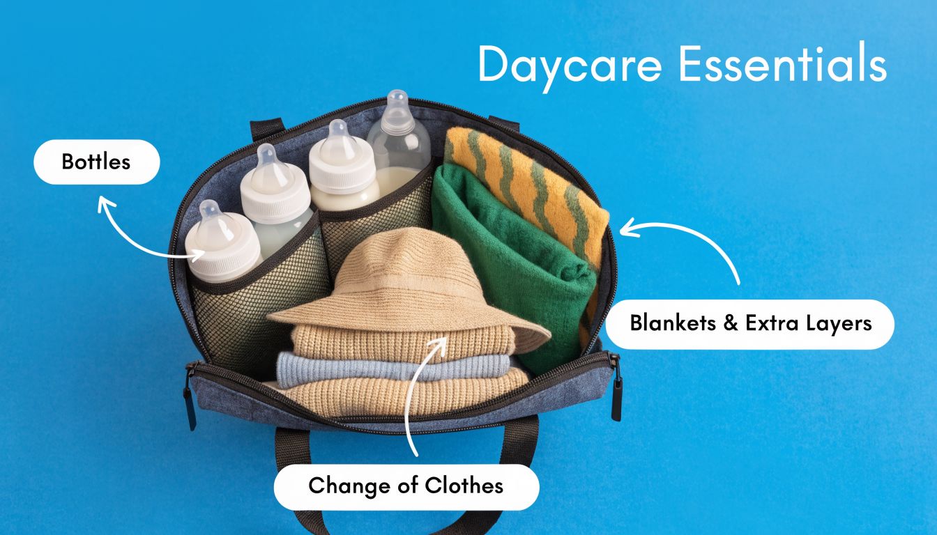 An open baby diaper bag containing milk bottles, folded clothing, a hat, and soft blankets.