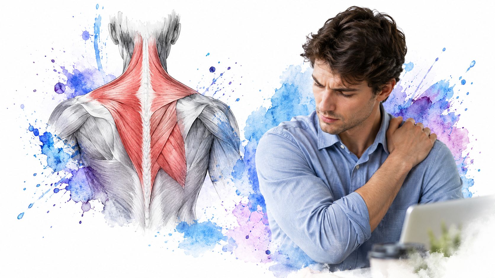 A man in a blue shirt feeling shoulder pain with a diagram of the upper back muscles.