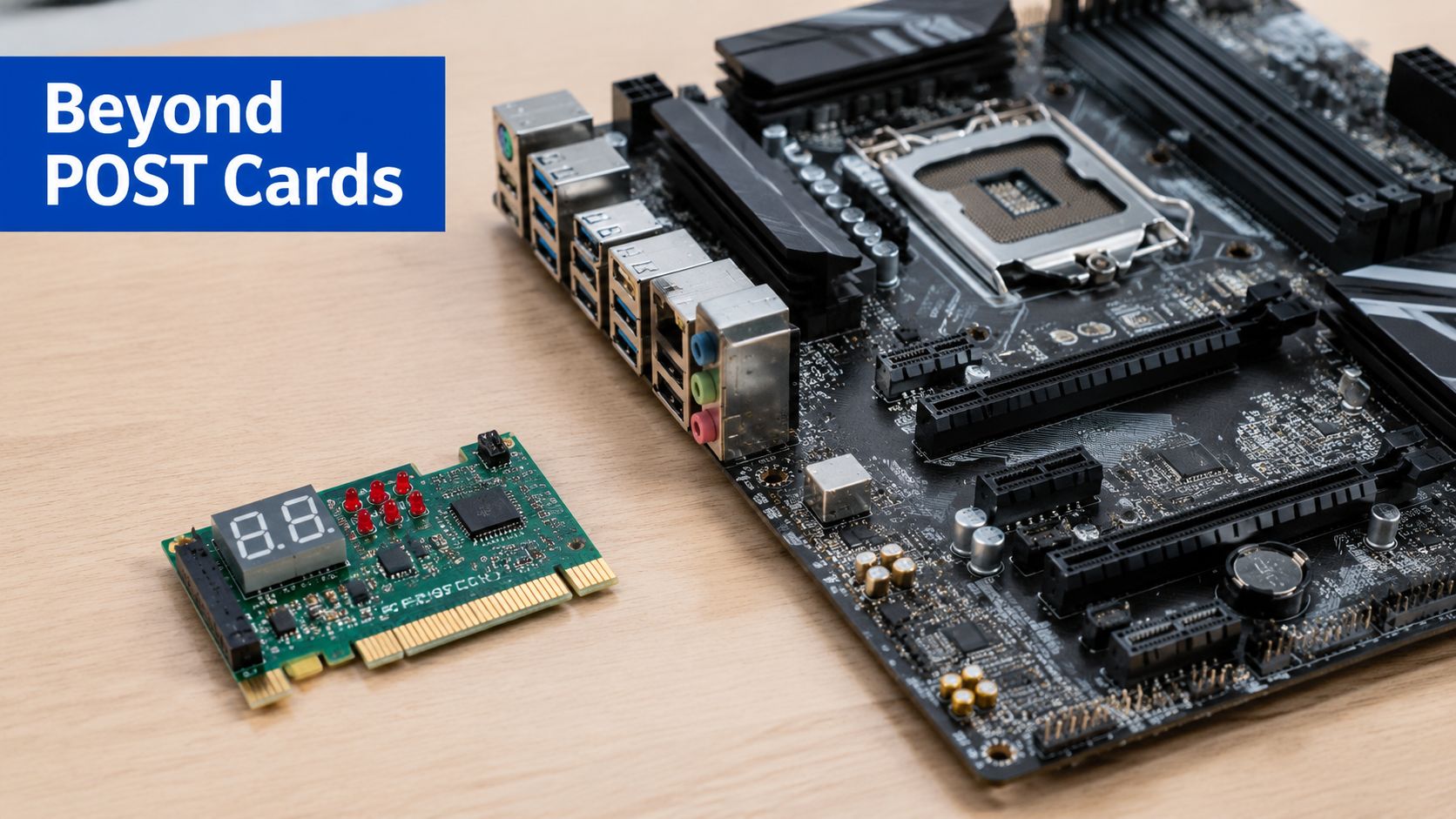 A diagnostic POST card sitting next to a computer motherboard on a wooden table surface.