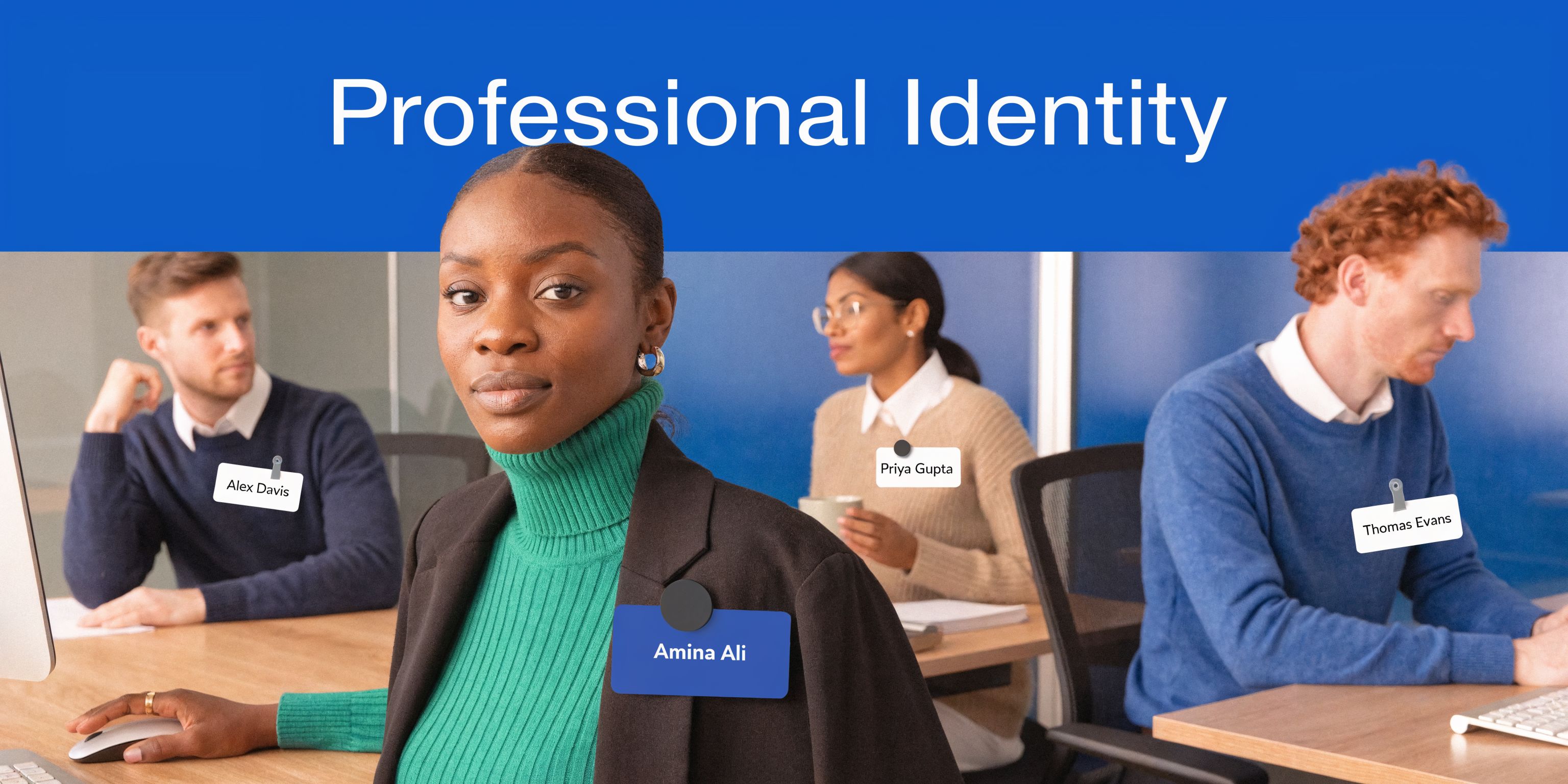 A professional group of diverse employees wearing uniform name tags while working together in an office setting.