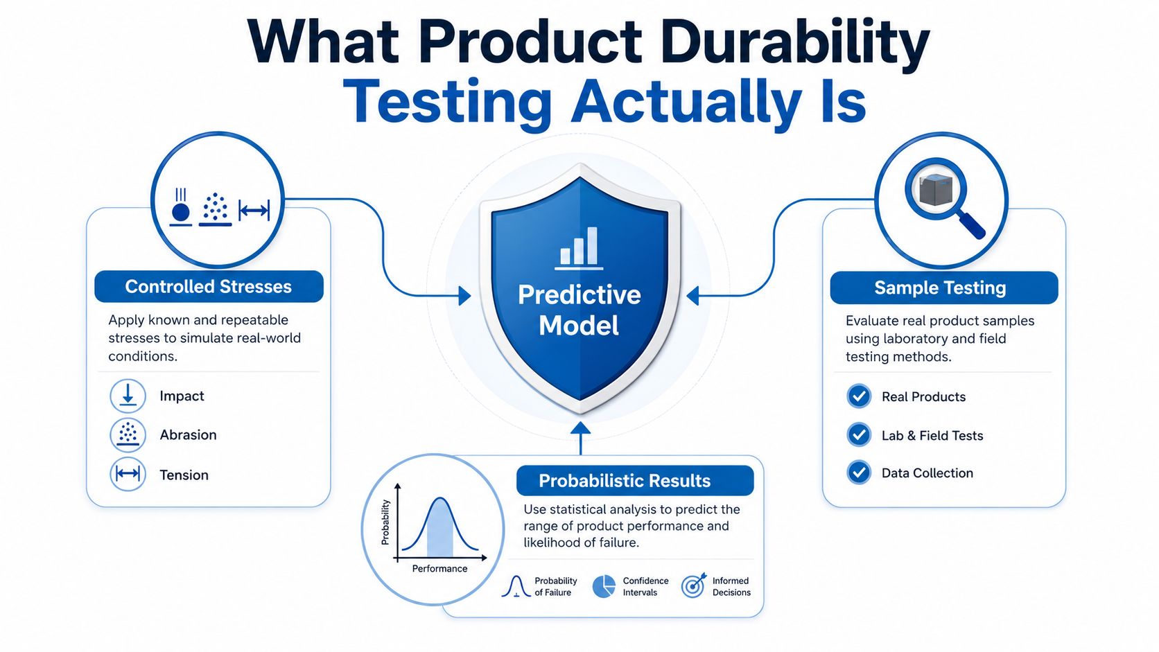 An infographic illustrating the core components of product durability testing, featuring controlled stresses, predictive modeling, and sample testing.