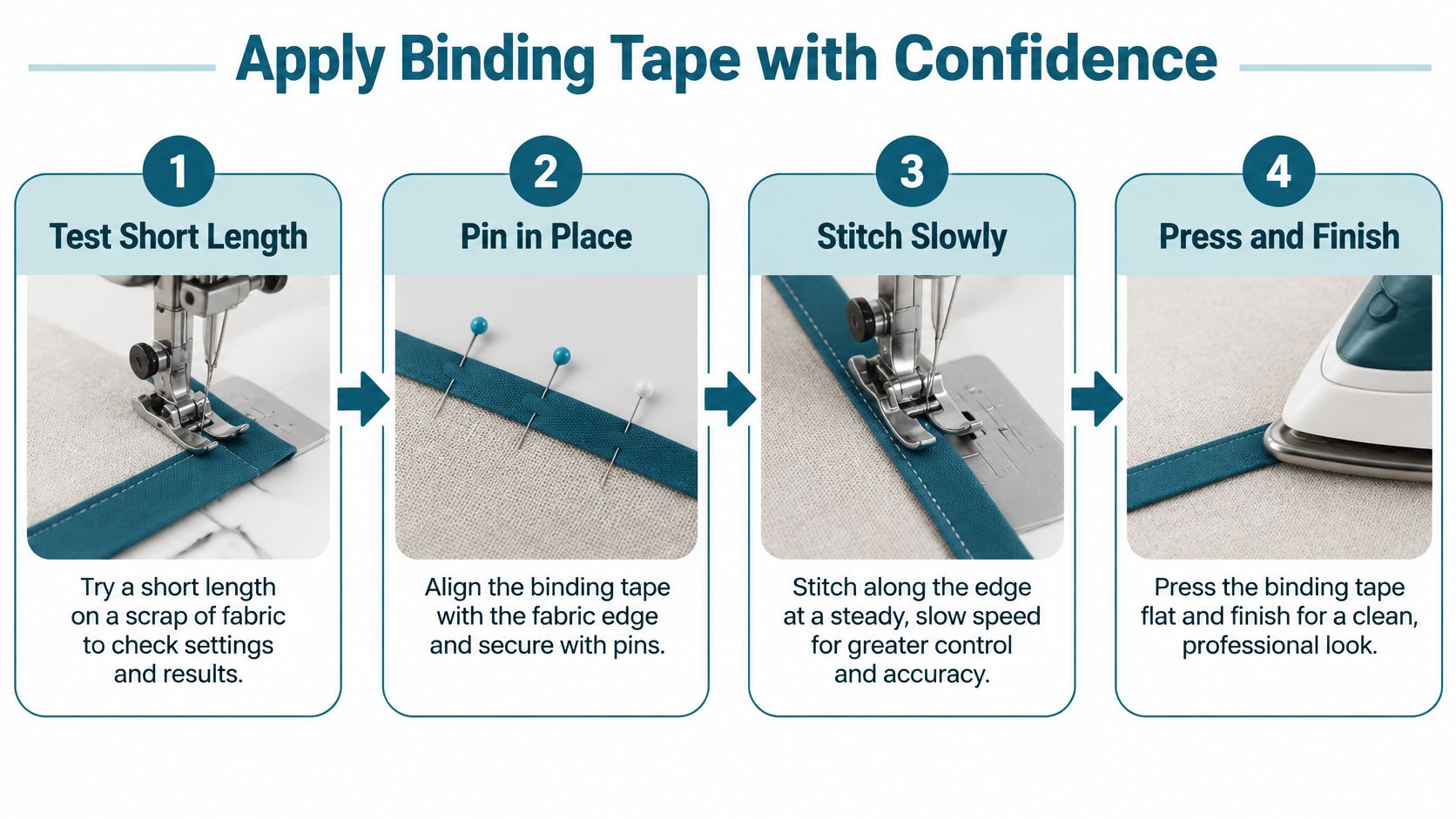 A four-step instructional infographic showing how to apply binding tape to fabric using a sewing machine.