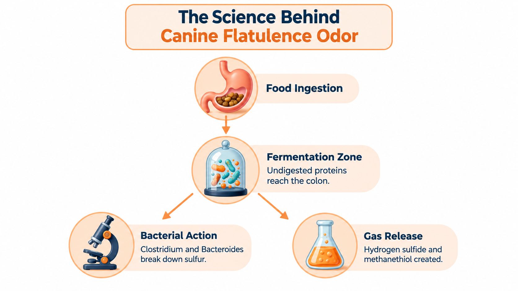 A diagram illustrating the scientific process of how canine flatulence odor is produced through digestion and bacteria.