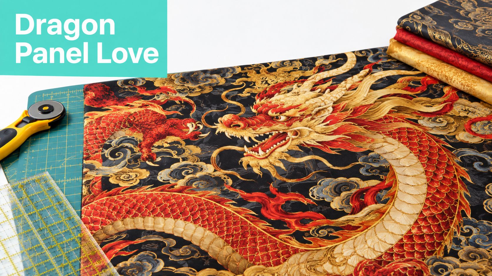 A close-up of a dragon panel fabric design laid out on a green cutting mat with sewing tools.
