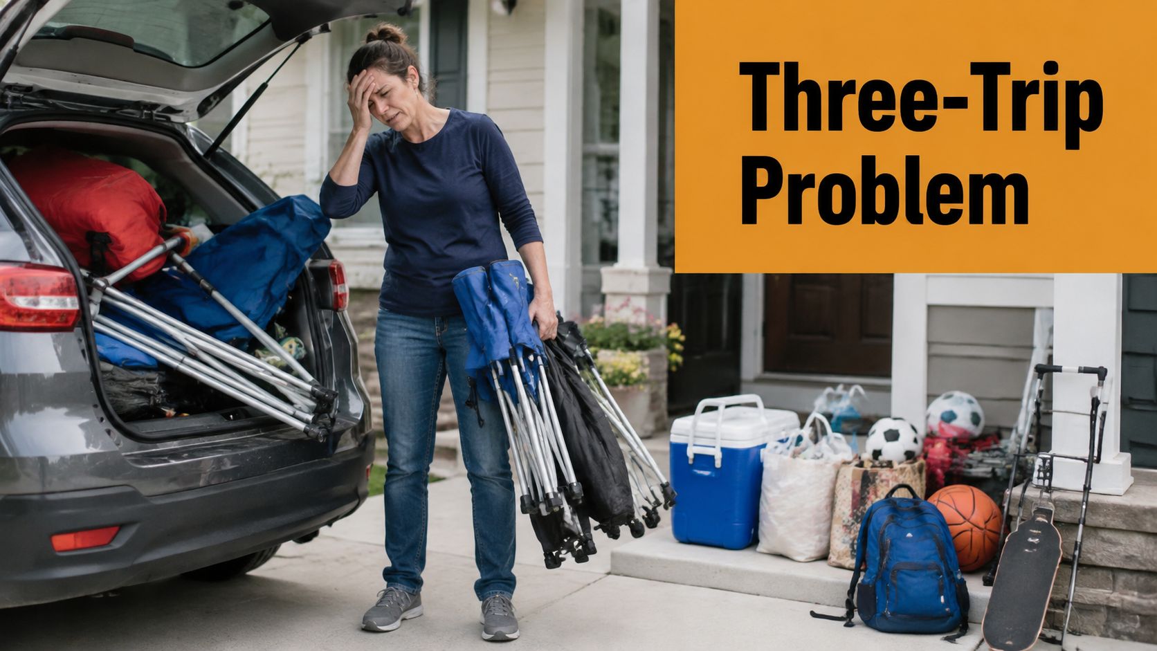 A woman looks exhausted while unloading outdoor event seating and various items from her car trunk.