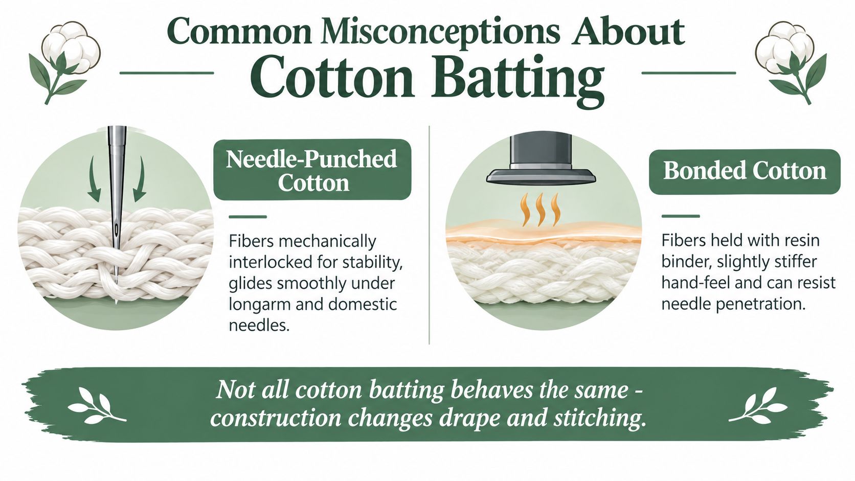 An infographic comparing needle-punched cotton and bonded cotton batting used in quilting and fabric projects.