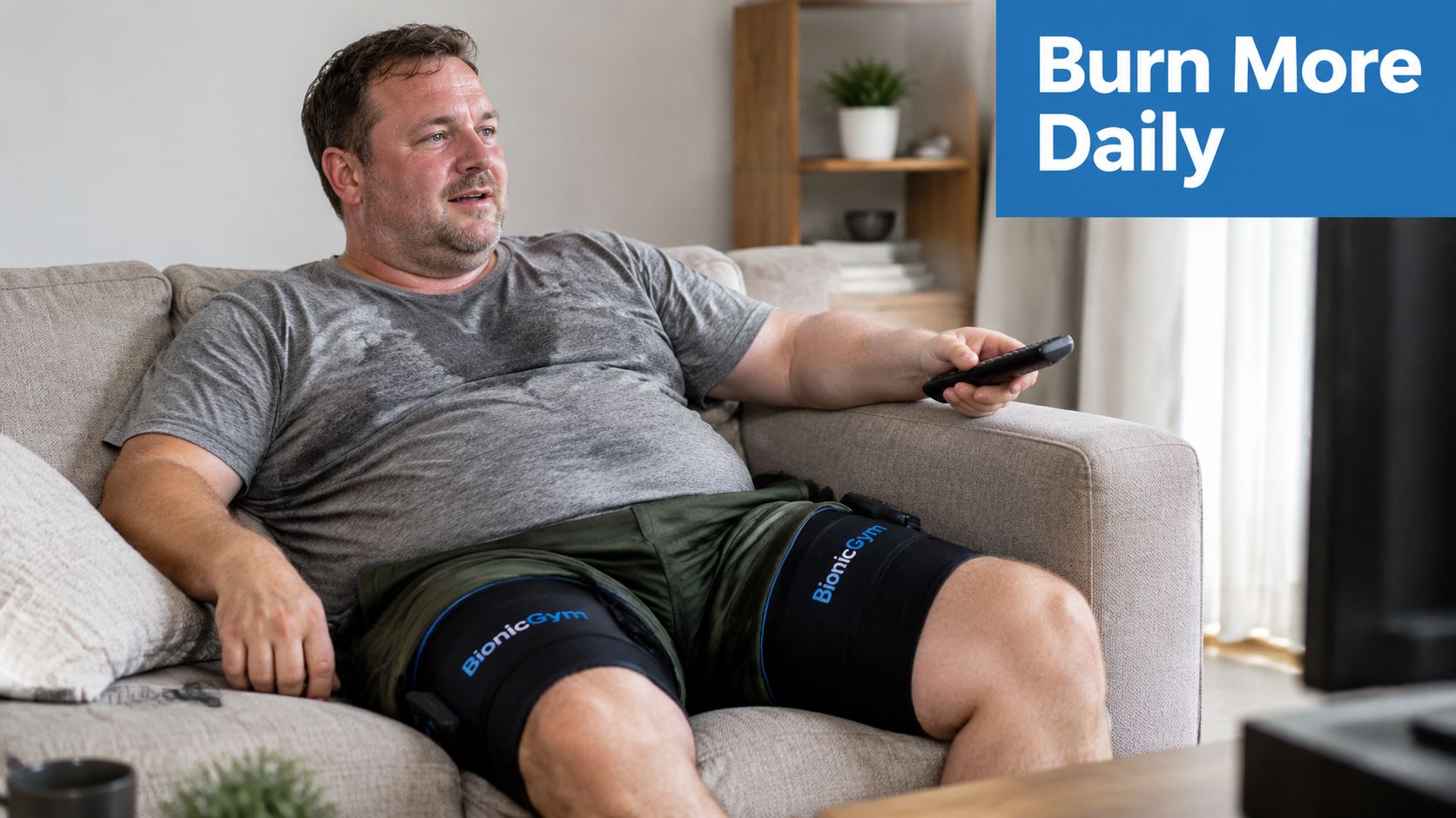 A man wearing BionicGym electrical stimulation leg wraps while sitting on a sofa and holding a remote.