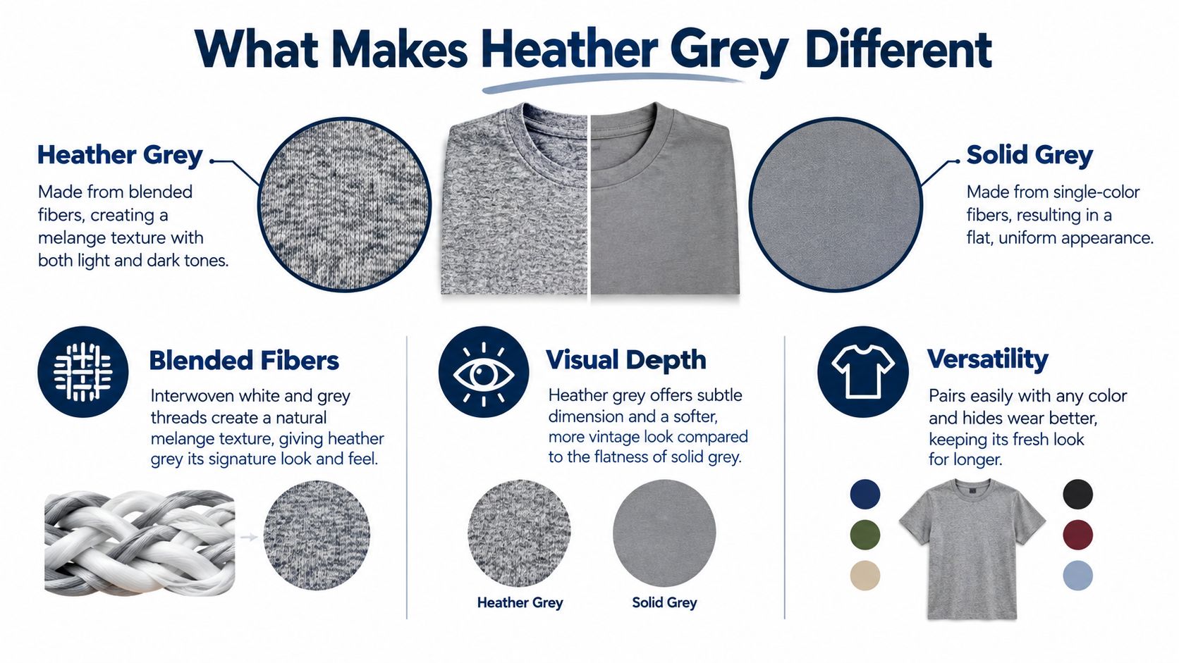 An infographic explaining the differences between heather grey and solid grey fabric textures, appearance, and versatility.