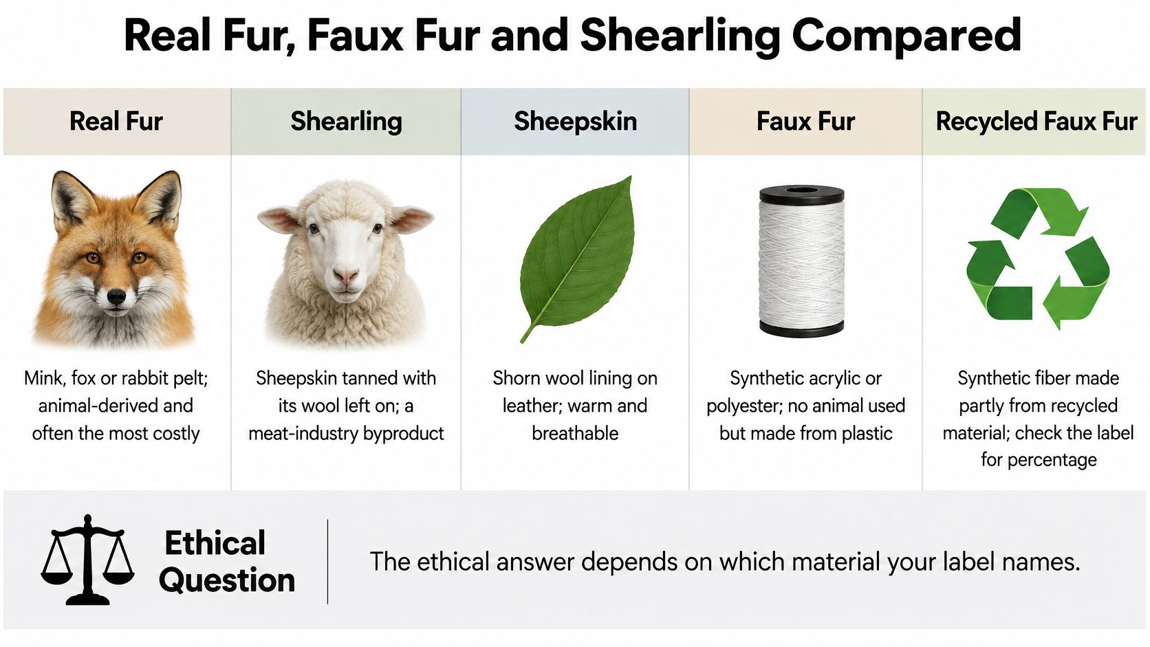 A comparison chart explaining the differences between real fur, shearling, sheepskin, faux fur, and recycled faux fur.