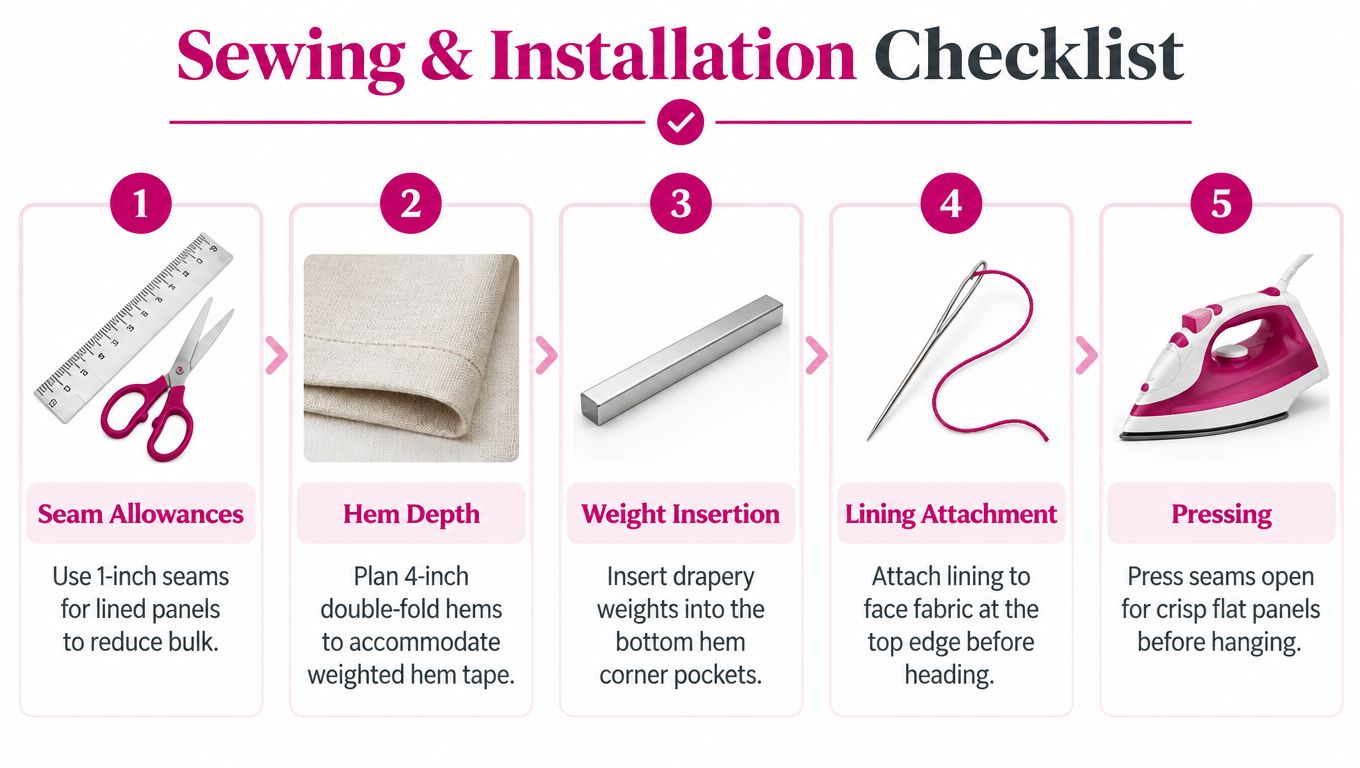 A five-step sewing and installation checklist for drapery panels with icons for measuring, hemming, weights, lining, and pressing.