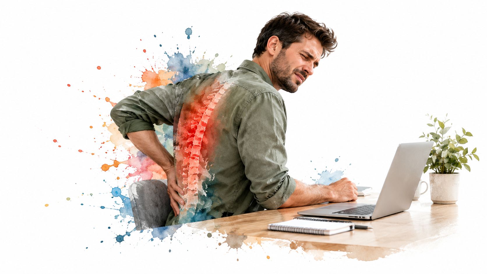 A man sitting at a desk experiencing sharp pain in his middle back while using a laptop.