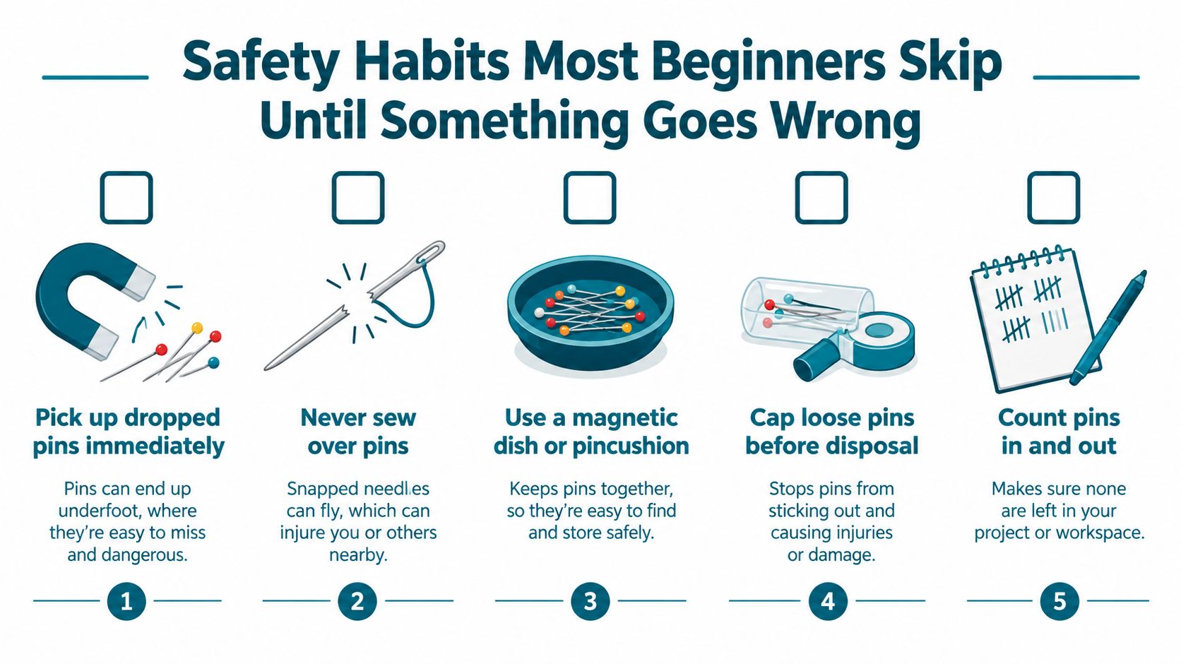 A safety infographic showing five tips for handling sewing pins to prevent accidents in your workspace.