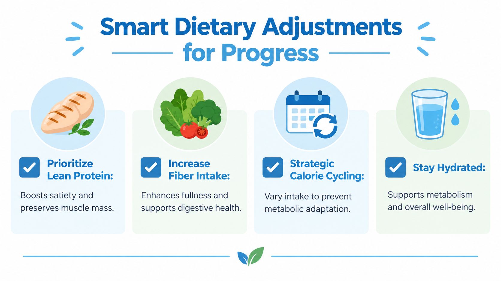 An infographic titled Smart Dietary Adjustments for Progress showing four tips for weight loss and health.