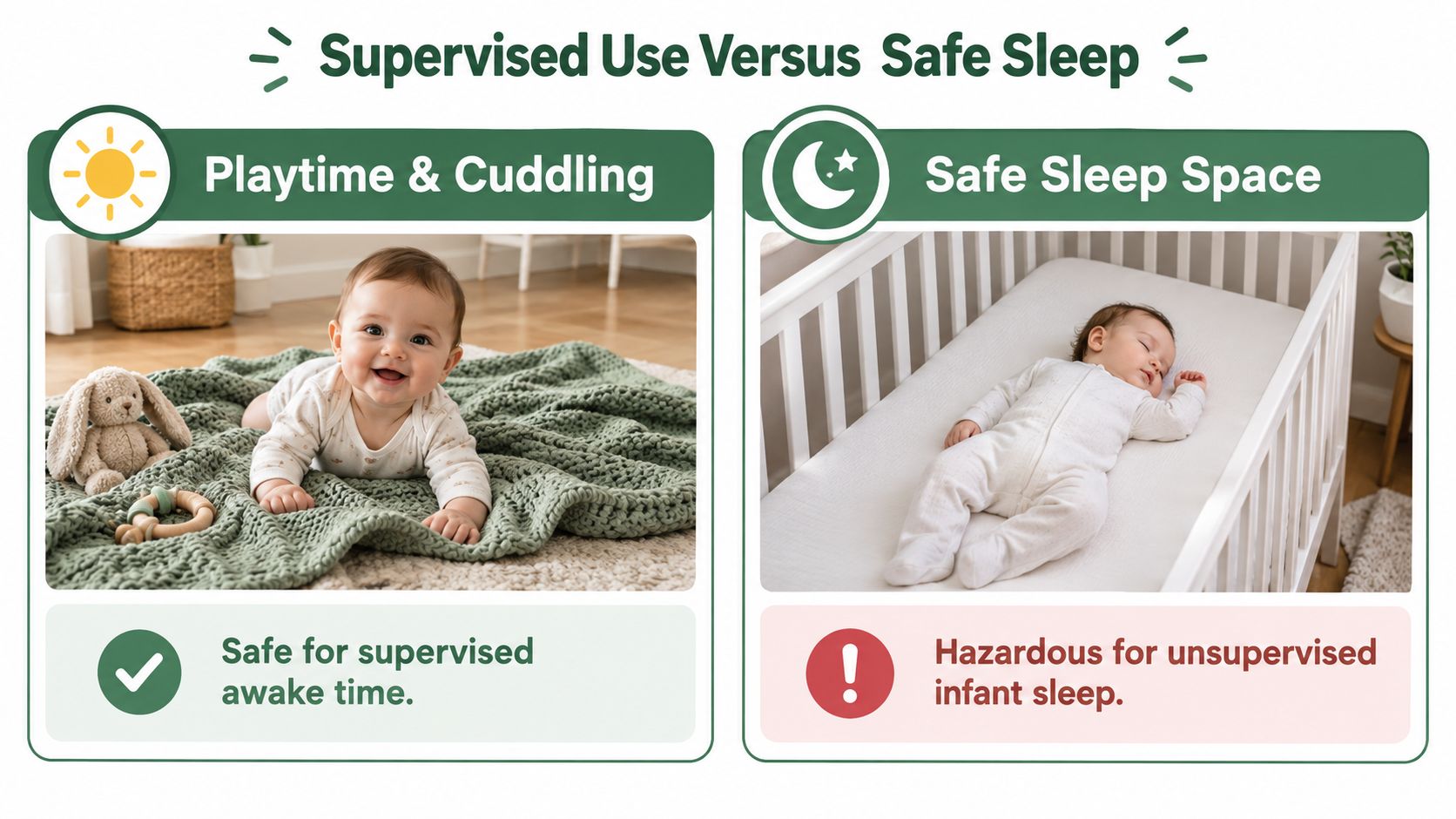A split image comparing supervised playtime on a blanket with safe sleeping practices in a crib.