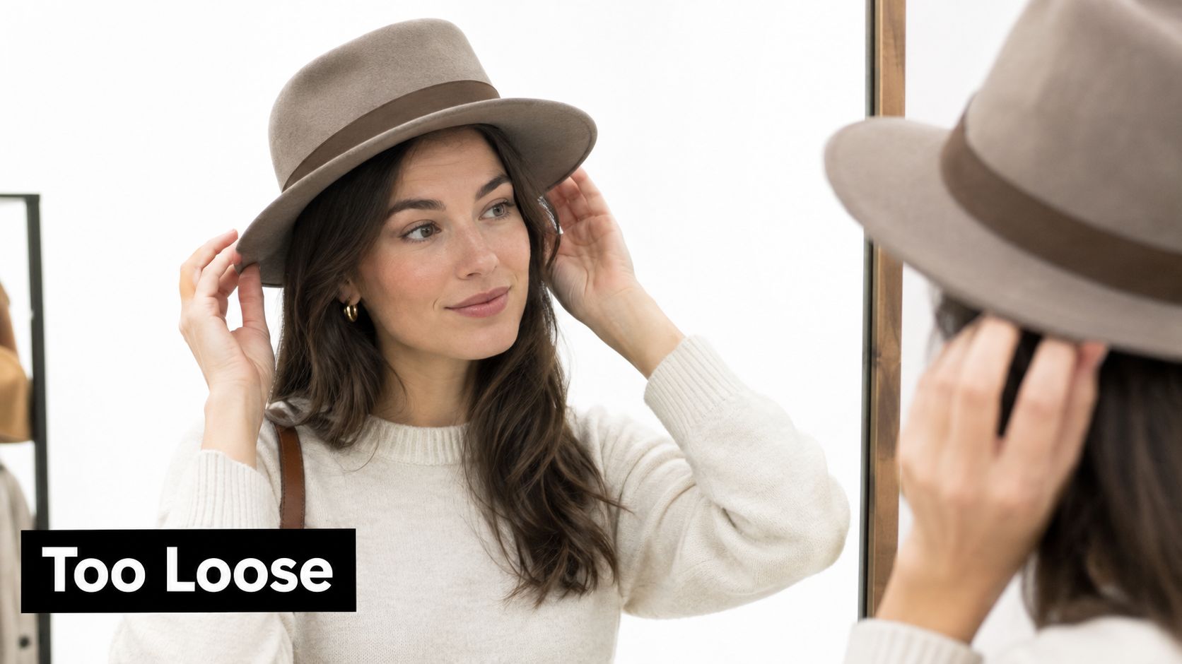 A woman adjusting a loose-fitting fedora hat while looking at herself in a mirror.