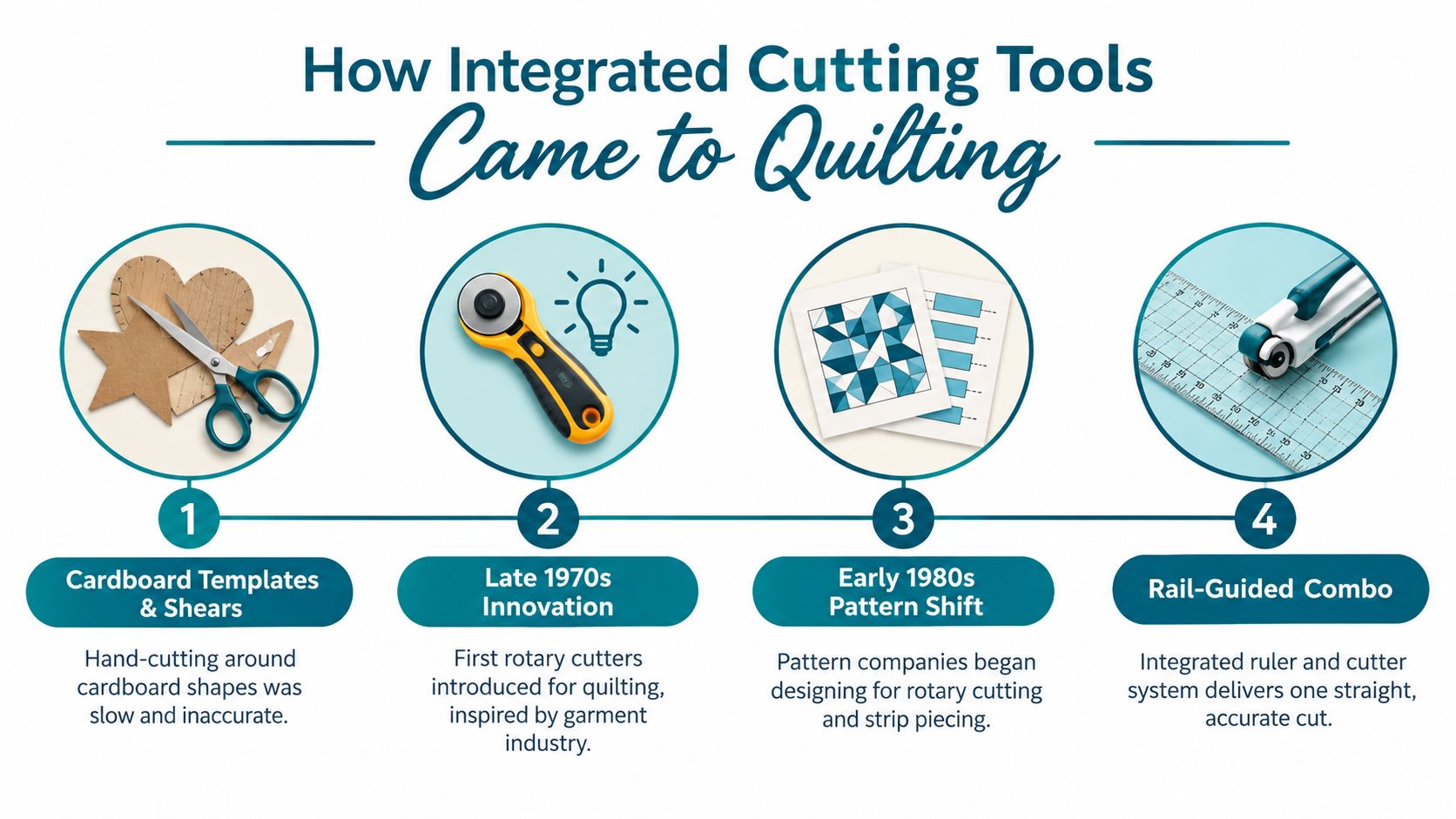 A timeline graphic showing the evolution of quilting cutting tools from cardboard templates to modern rail-guided systems.