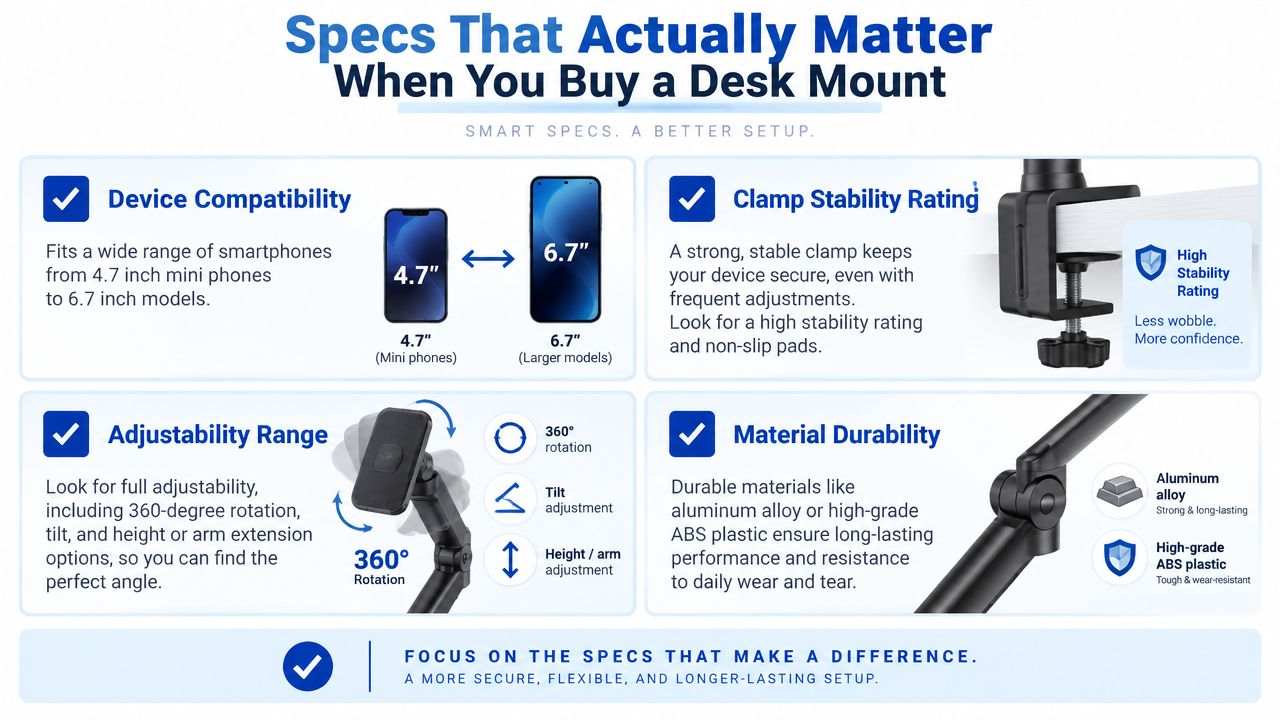 An infographic titled Specs That Actually Matter for a desk mount detailing device compatibility, clamp stability, adjustability, and durability.