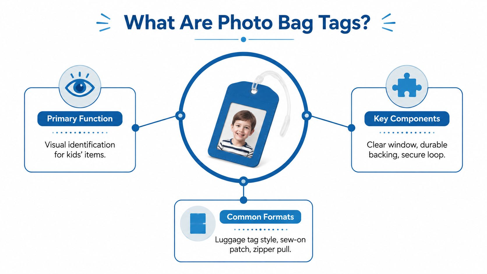 An infographic titled What Are Photo Bag Tags explaining their primary function, key components, and common formats.