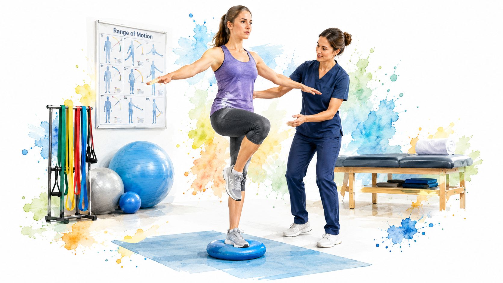A physical therapist guiding a patient through a balance exercise on a blue stability disc.