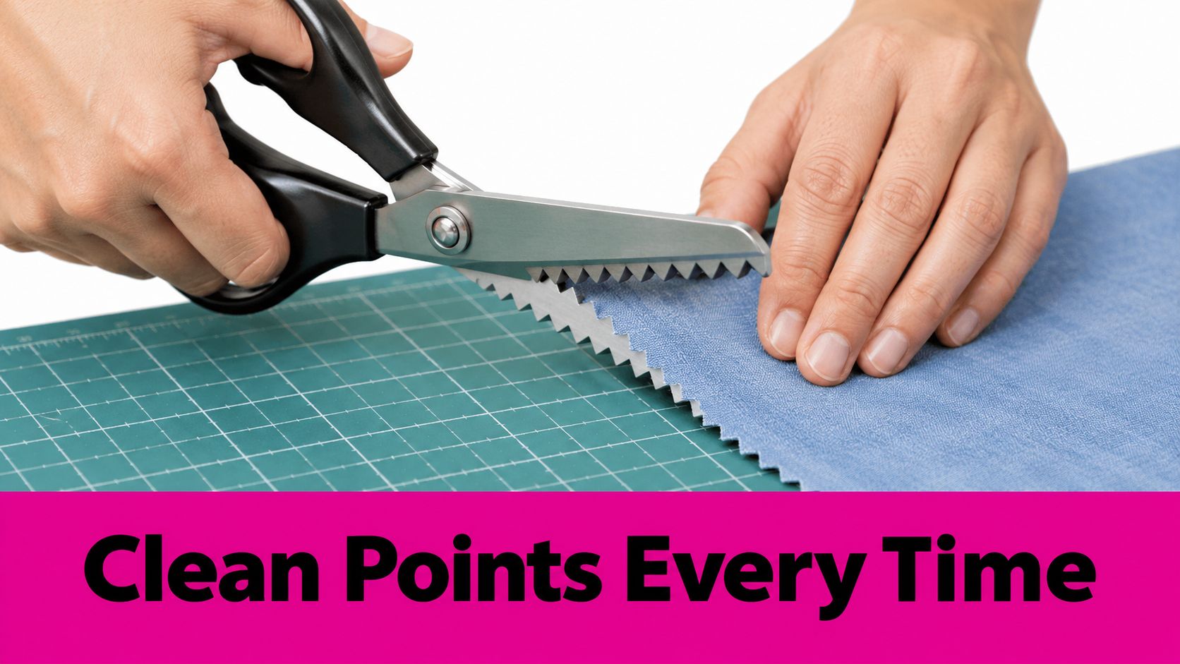A close-up shot of hands using pinking shears to cut a jagged edge into blue fabric.