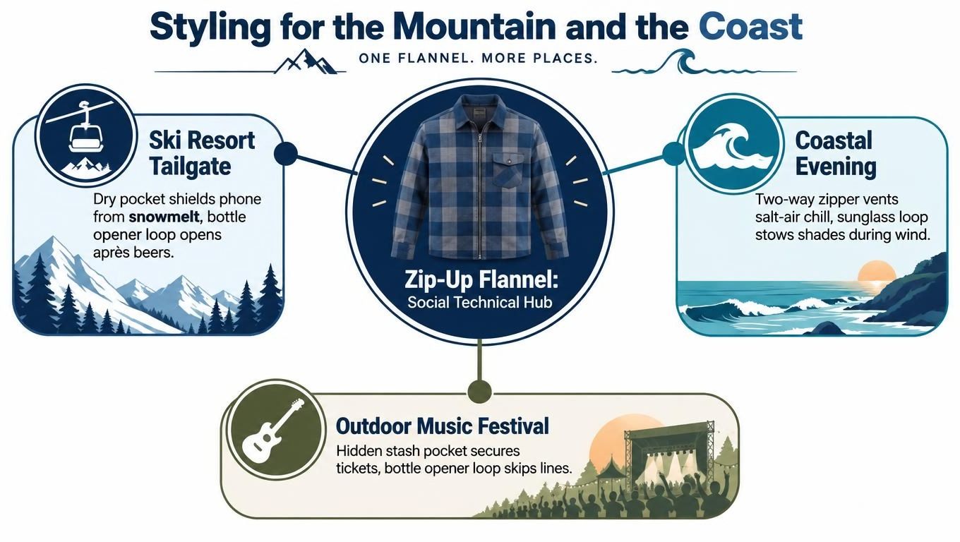 An infographic showing versatile uses for a zip-up flannel shirt across mountain, coastal, and music festival settings.