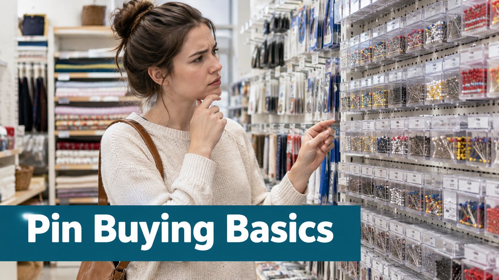 A woman shopping for sewing pins at a craft store, standing before a wall of small containers.