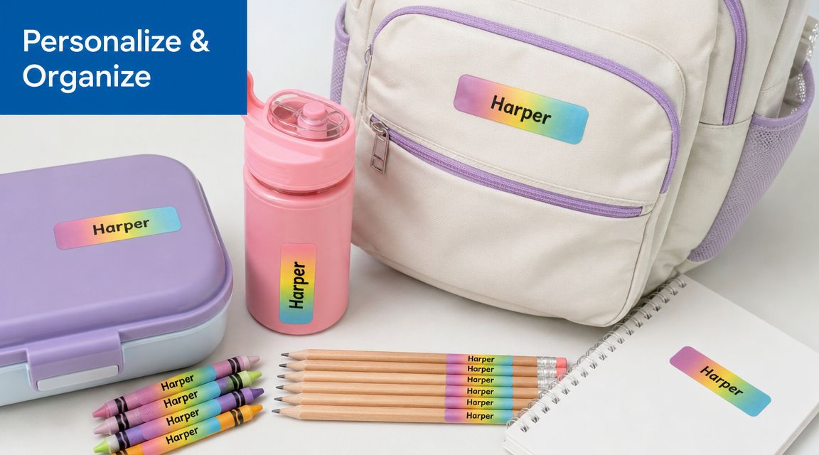 A collection of school supplies featuring personalized rainbow name tags with the name Harper on them.