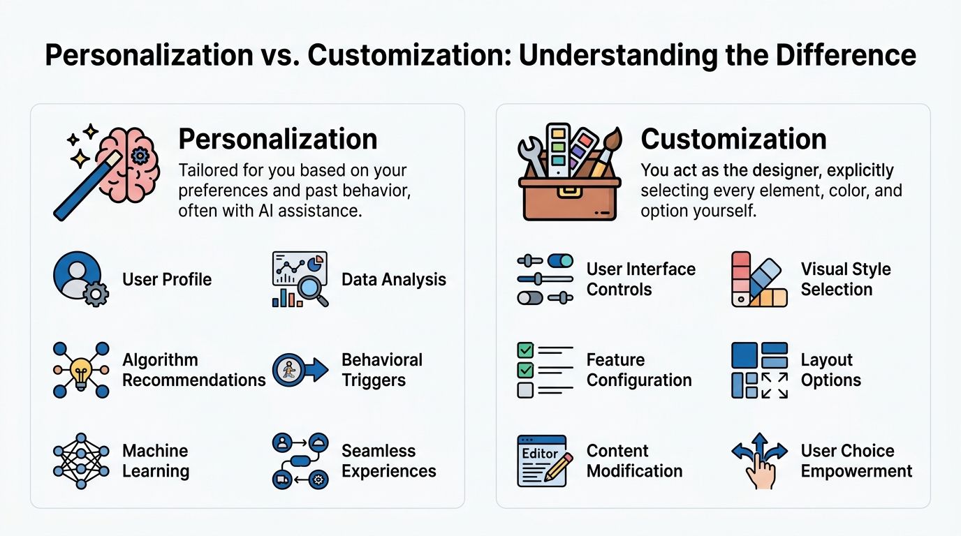 A comparison infographic showing how personalization is AI-driven versus how customization involves manual user control settings.