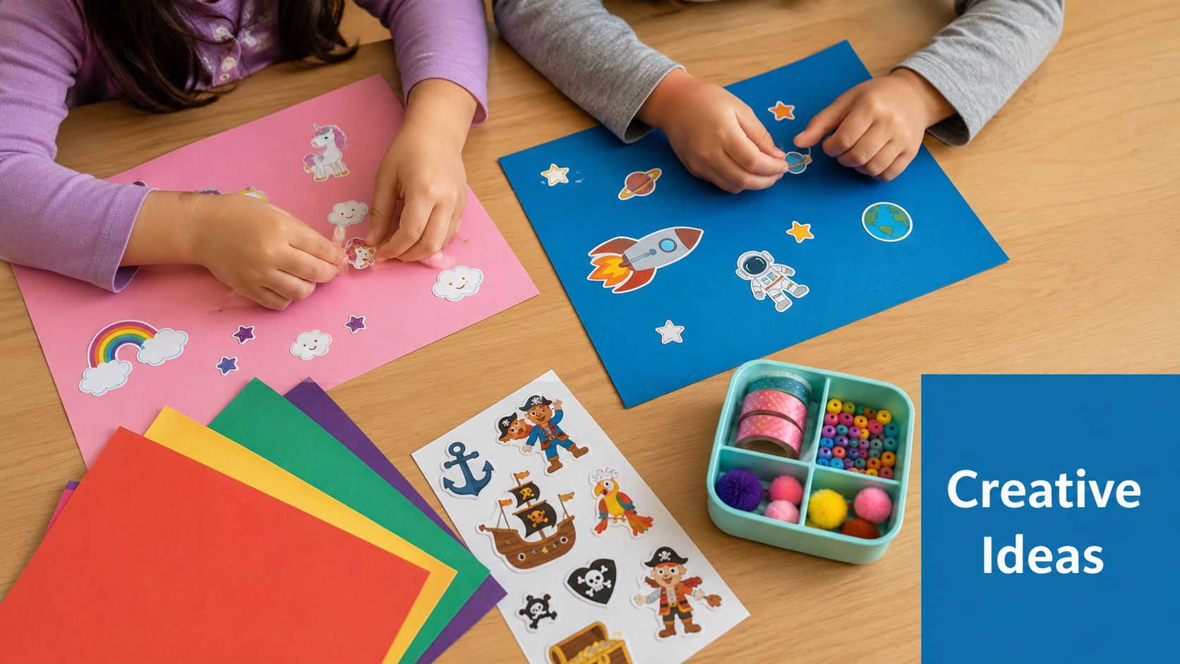 Two children sitting at a wooden table decorating colorful paper with various themed craft stickers.