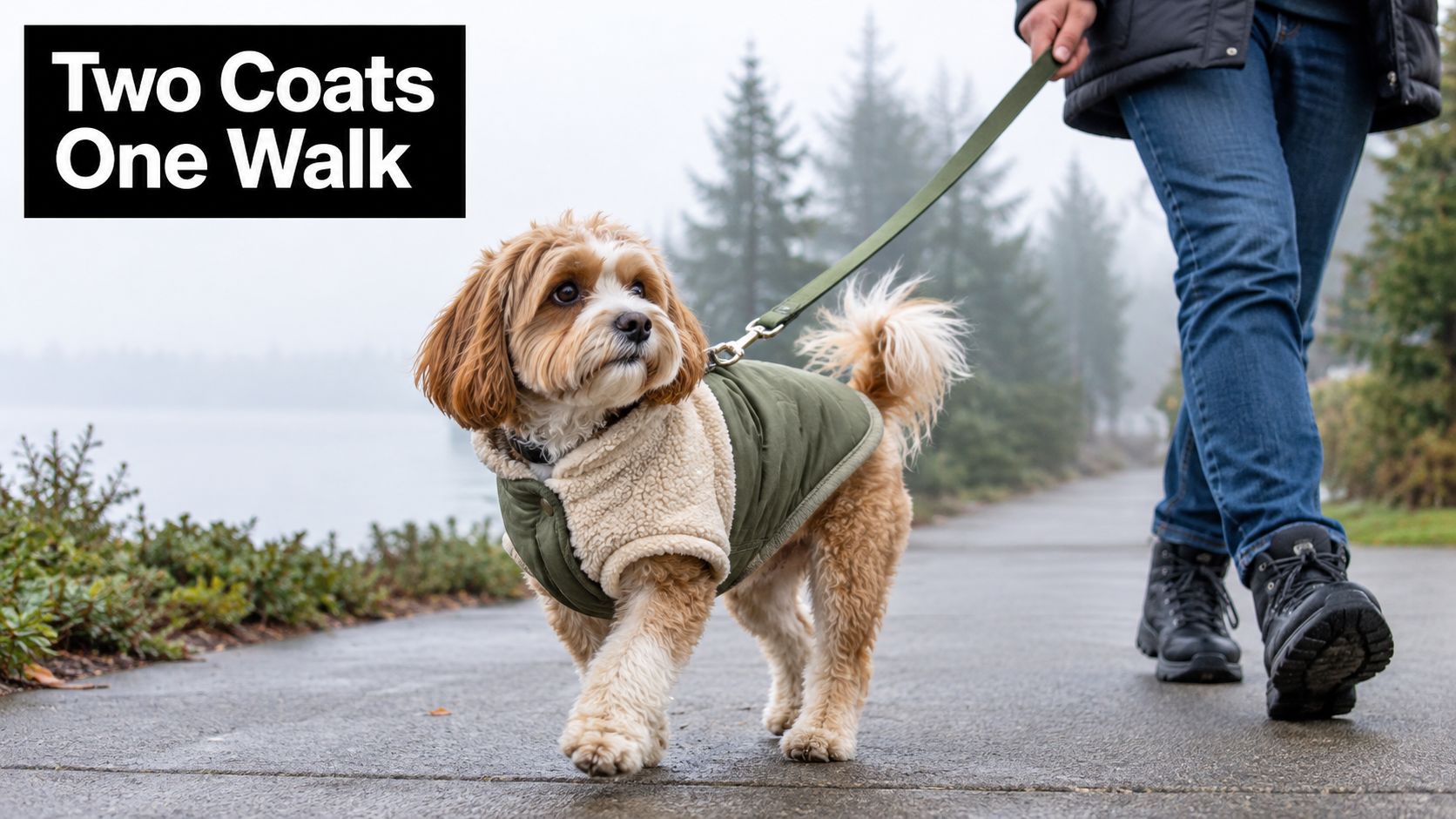 A cute small dog wearing a green reversible dog coat walking with its owner on a path