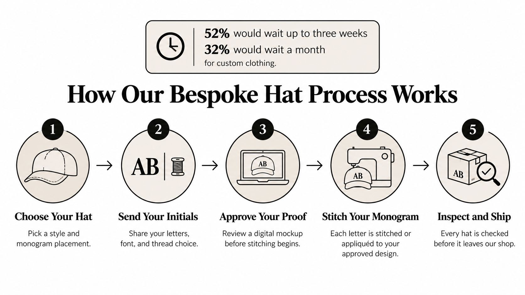 A five-step infographic showing the bespoke hat process from choosing a hat to shipping the finished product.