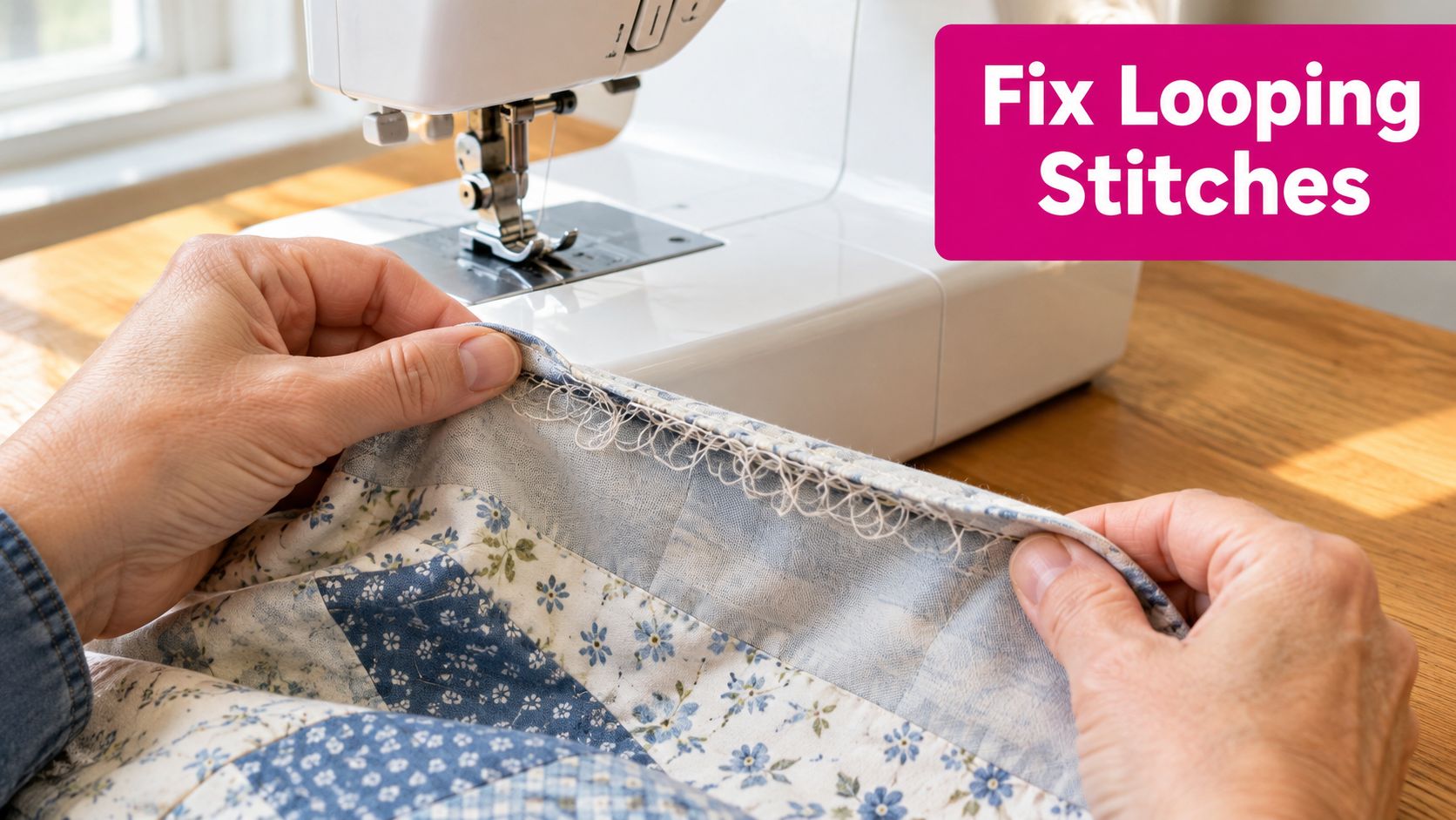 A close-up of hands holding fabric with looping stitches under a sewing machine to demonstrate repairs.