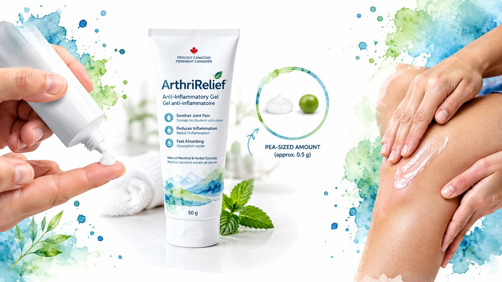 A tube of ArthriRelief anti-inflammatory gel next to a pea-sized amount demonstration on a person's knee.