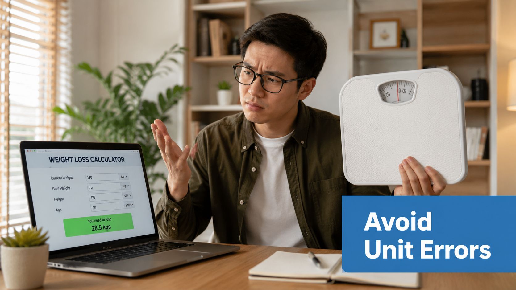 A confused man looking at a weight loss calculator displaying a calculation error due to mismatched units.