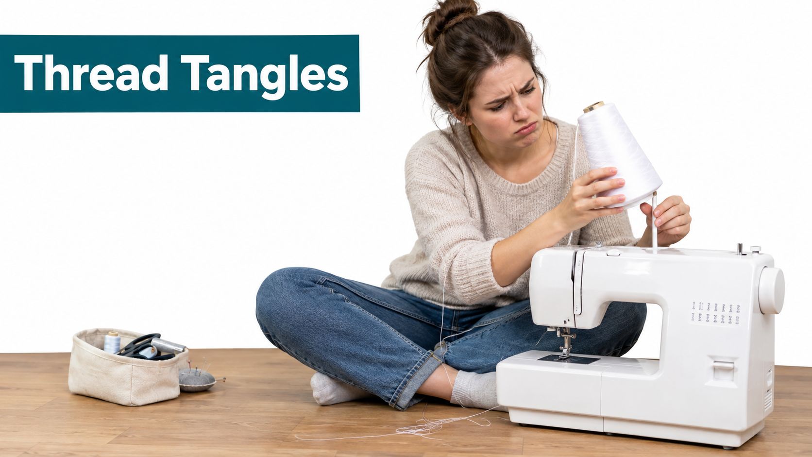 A frustrated woman sitting on the floor attempting to fix a tangled thread on a white sewing machine.