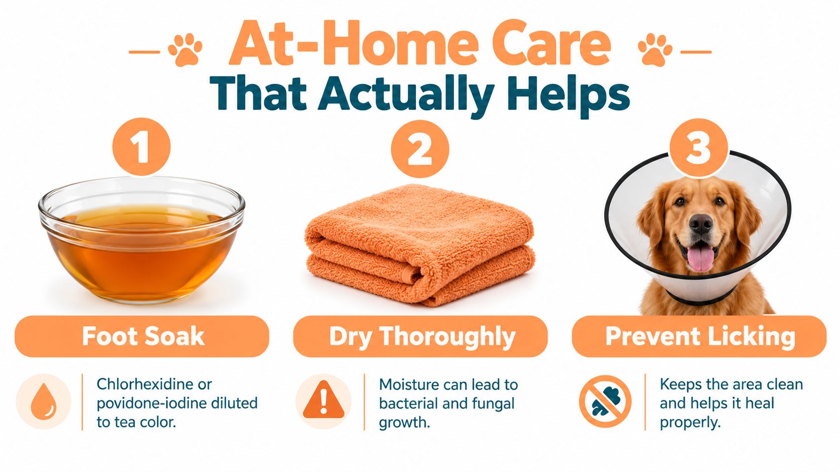 A three-step infographic on at-home pet care featuring a foot soak, drying instructions, and preventing licking.