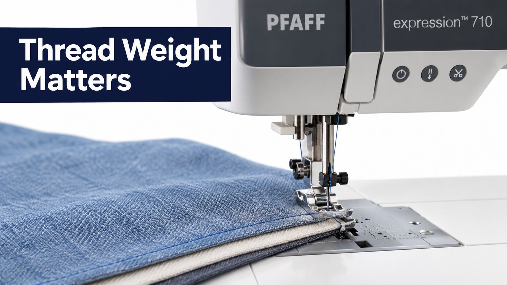 A close-up of a Pfaff sewing machine stitching blue fabric to highlight the importance of thread weight.