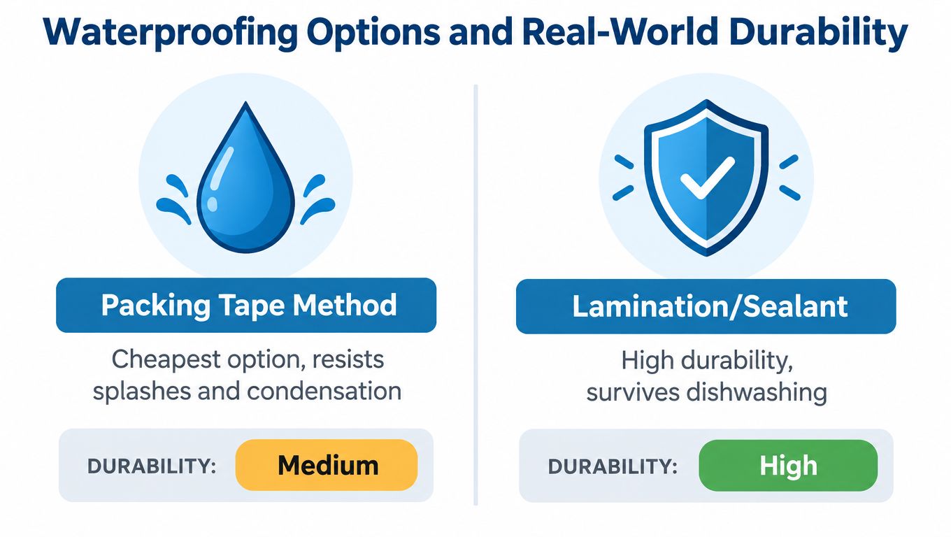 A comparison chart showing that packing tape is medium durability while lamination or sealant provides high durability.