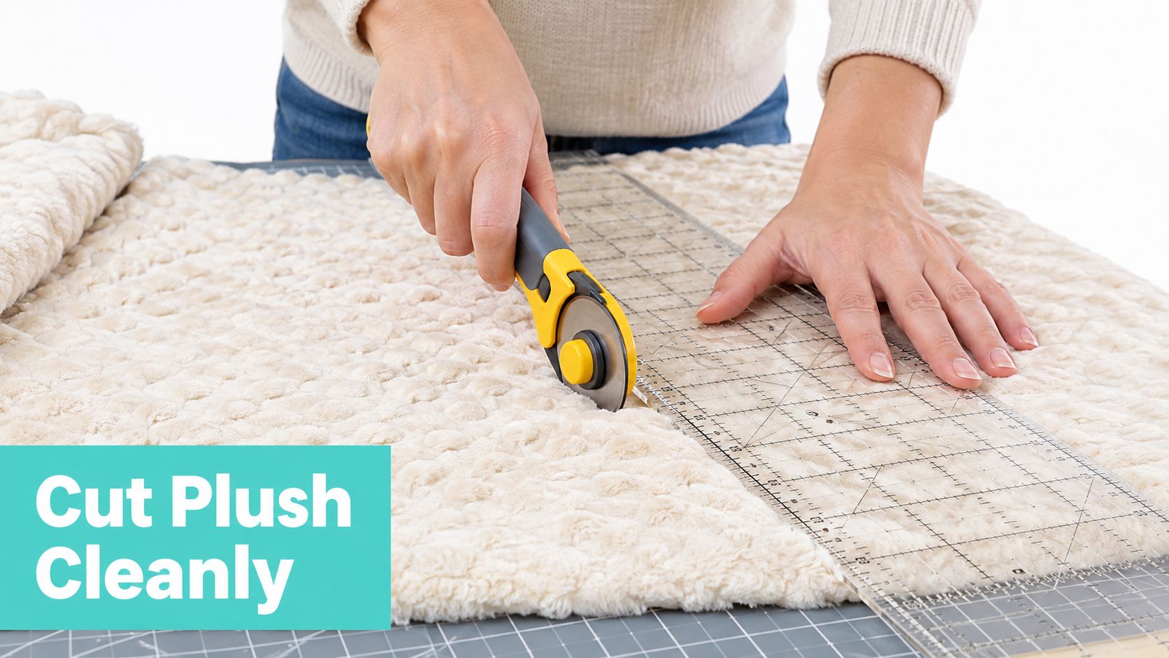 A pair of hands using a rotary cutter and clear acrylic ruler to slice through textured plush fabric.