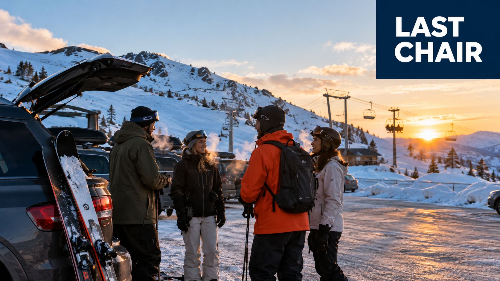 A group of friends in winter gear stand by a car at a snowy ski resort at sunset.