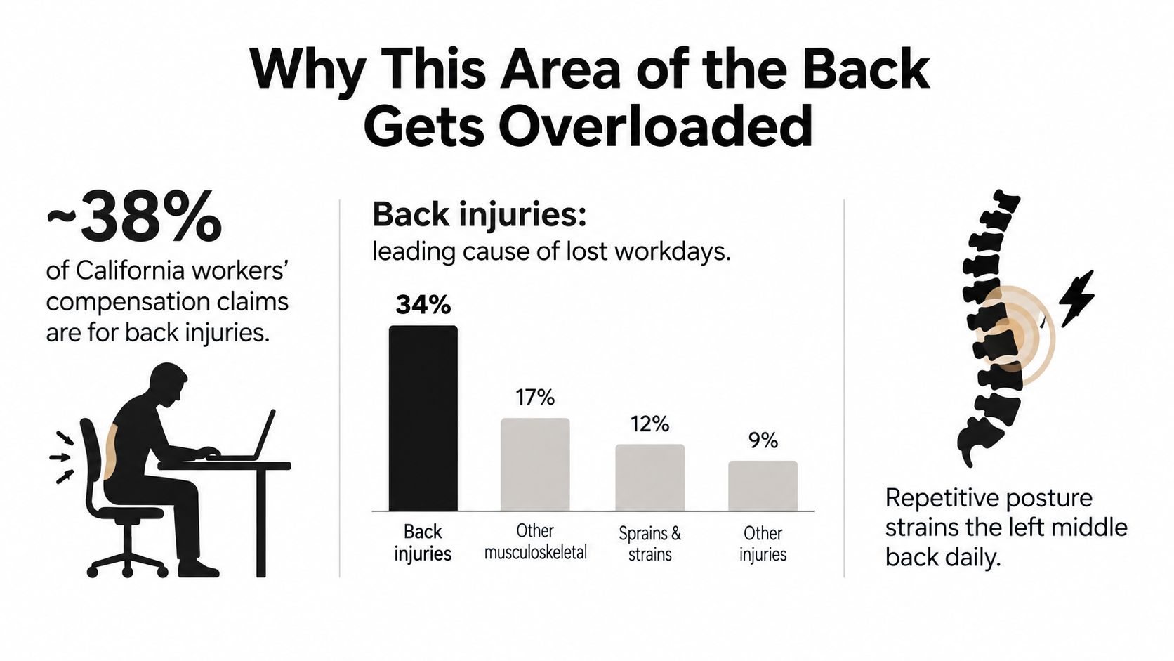 An infographic detailing back injury statistics among workers and the impact of repetitive posture on the back.