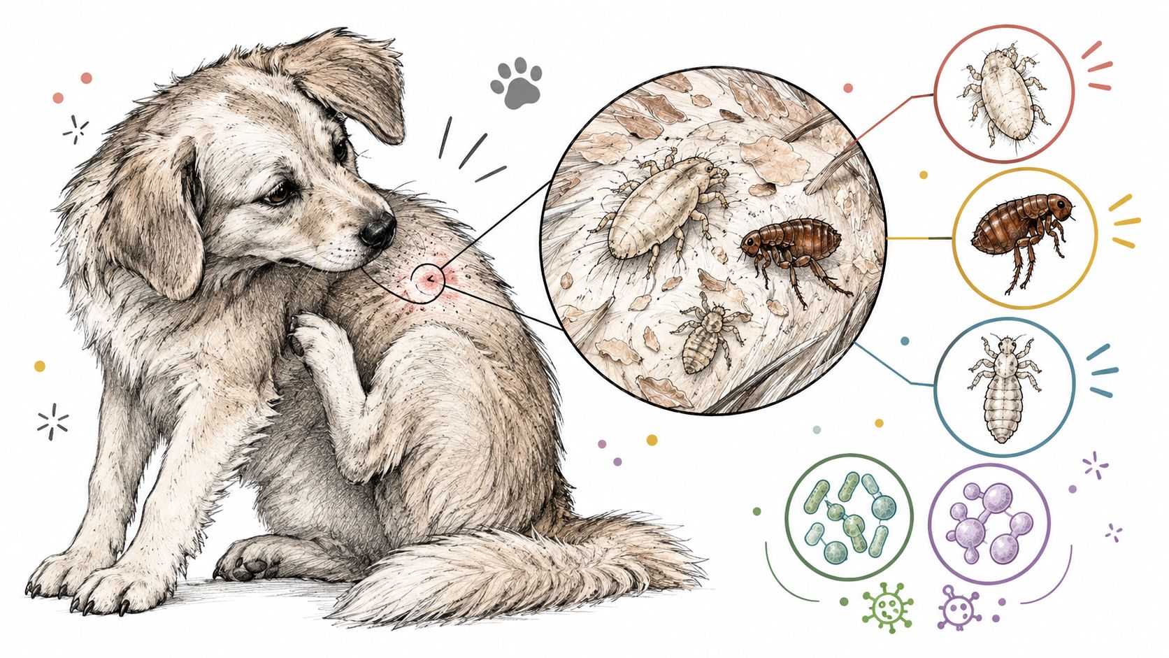 A puppy scratching its back with an illustrated callout showing parasites, fleas, lice, and microscopic pathogens.
